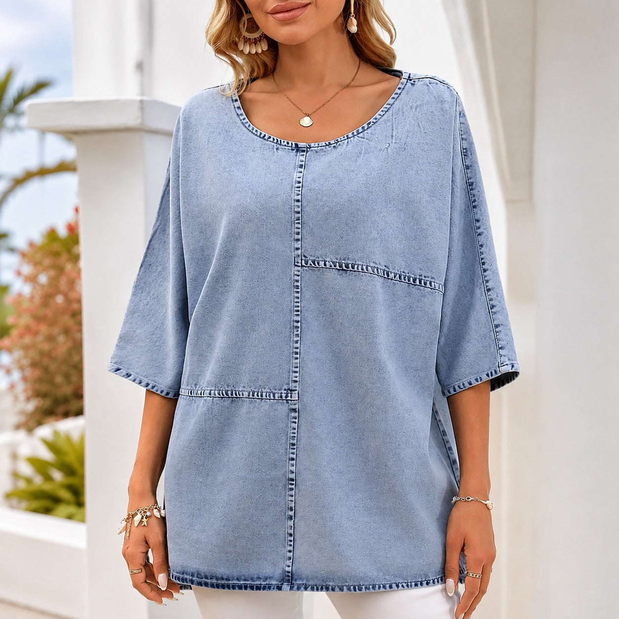 Blusa Mirelle™ com Design Minimalista, Modelagem Ampla e Decote Arredondado