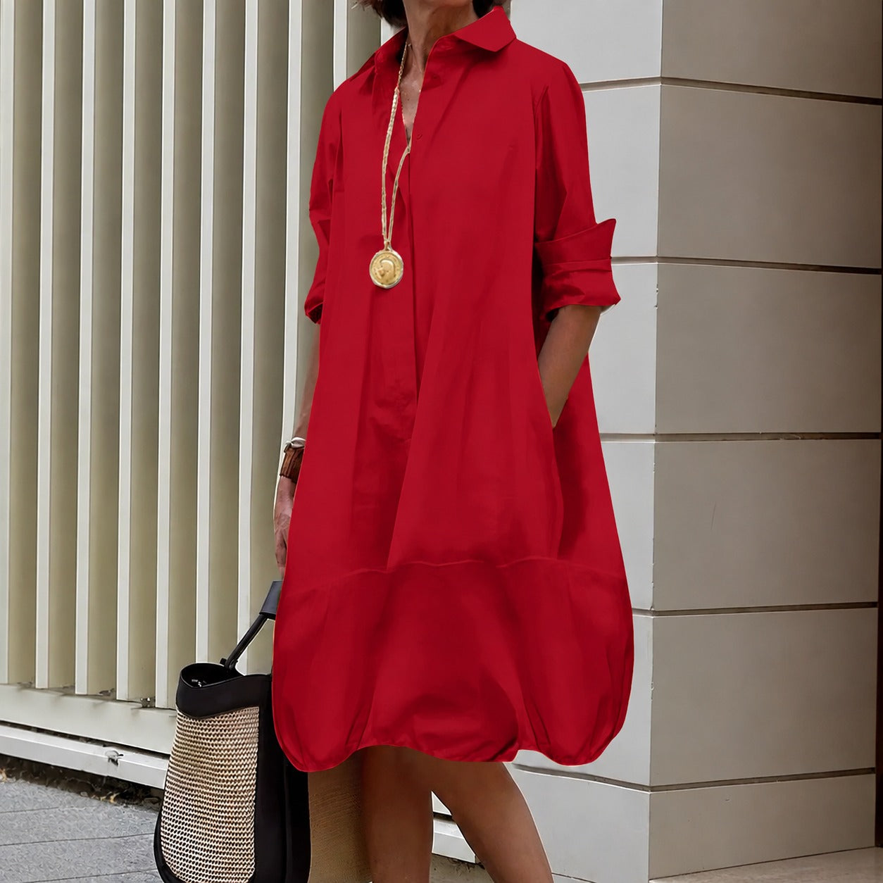 Vestido Chemise Amabile™ com Modelagem Ampla e Barra Balonê