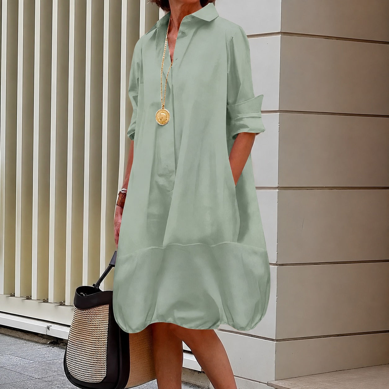 Vestido Chemise Amabile™ com Modelagem Ampla e Barra Balonê
