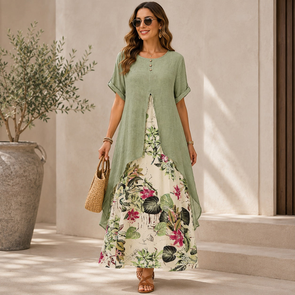 Vestido Elisabeth™ Efeito Duas Peças com Sobreposição Alongada e Saia Floral