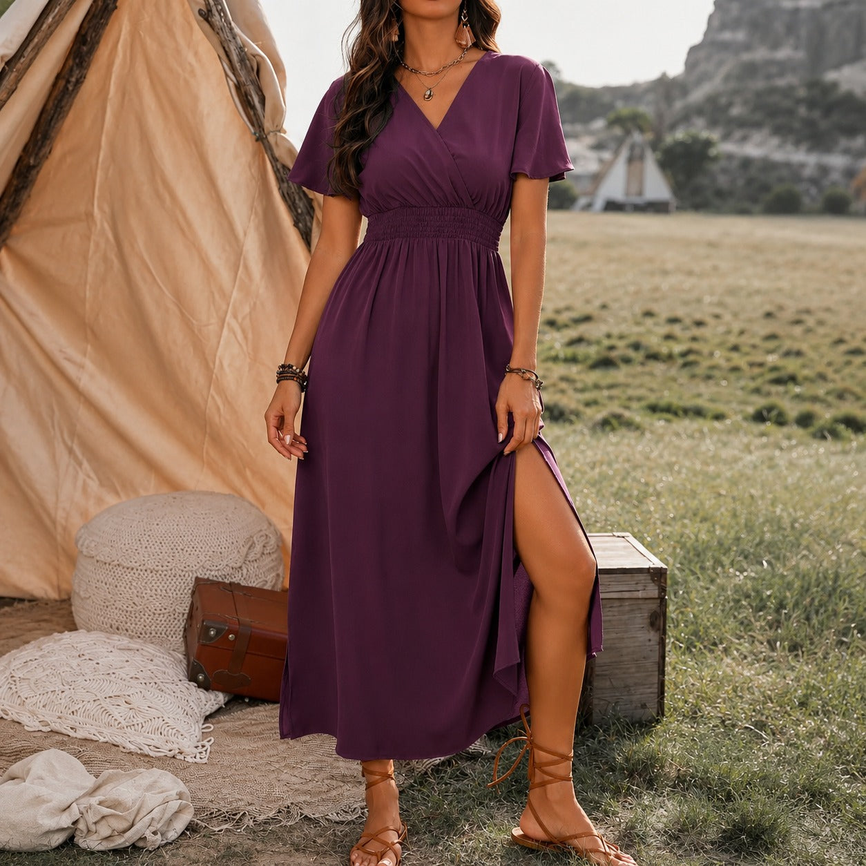 Vestido Mavie™ com Decote Transpassado e Cintura Ajustada com Lastex / Proporções que Valorizam a Silhueta sem Pesar no Visual