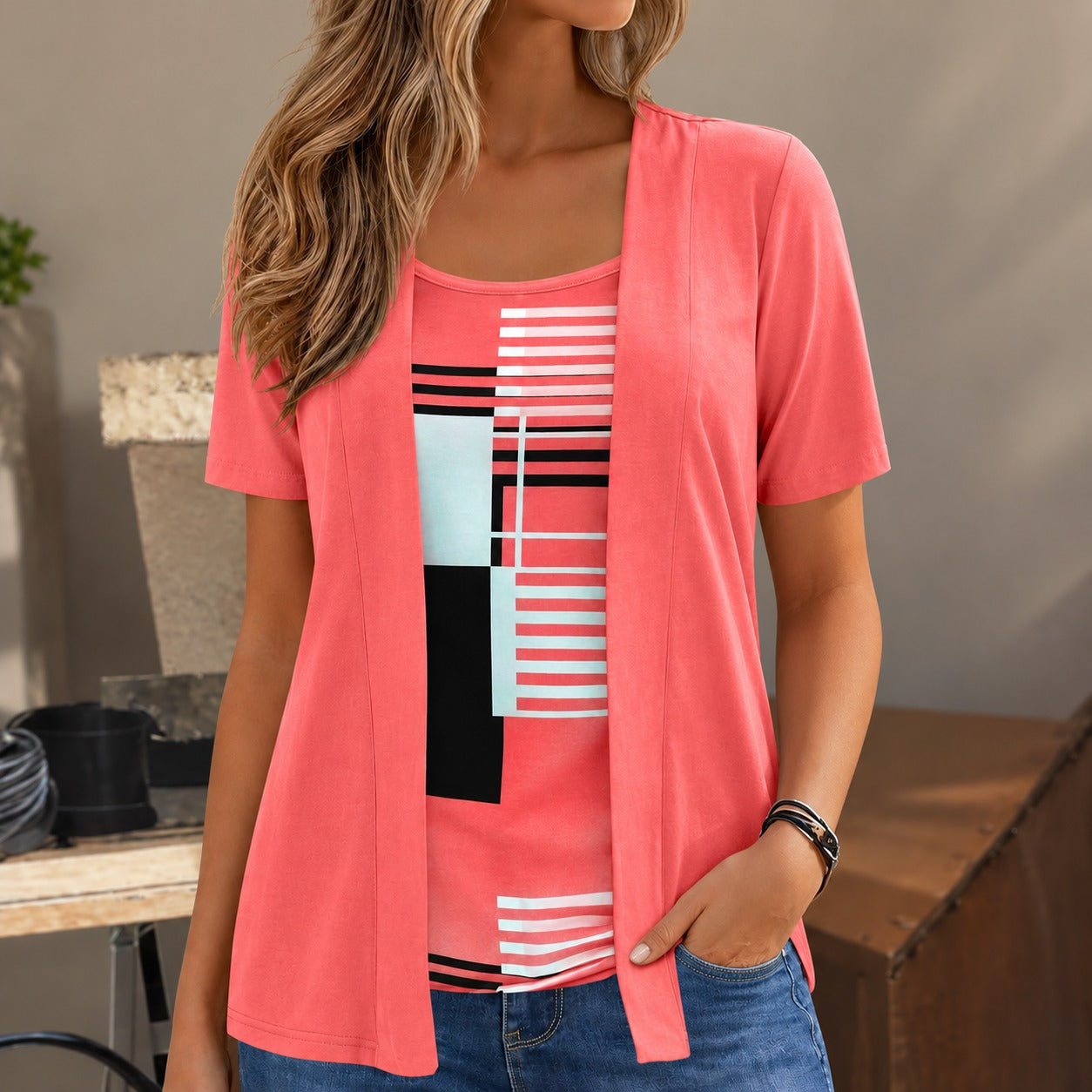 Blusa Clarice™ 2 em 1 com Efeito de Sobreposição Aberta e Estampa Geométrica / Duas Camadas em um Visual Moderno