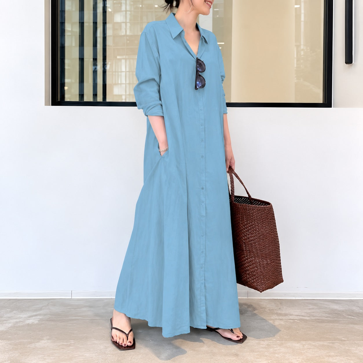 Vestido Débora™ em Linho de Algodão com Gola de Camisa, Botões Frontais e Modelagem Ampla
