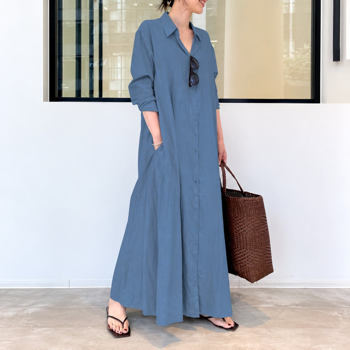 Vestido Débora™ em Linho de Algodão com Gola de Camisa, Botões Frontais e Modelagem Ampla