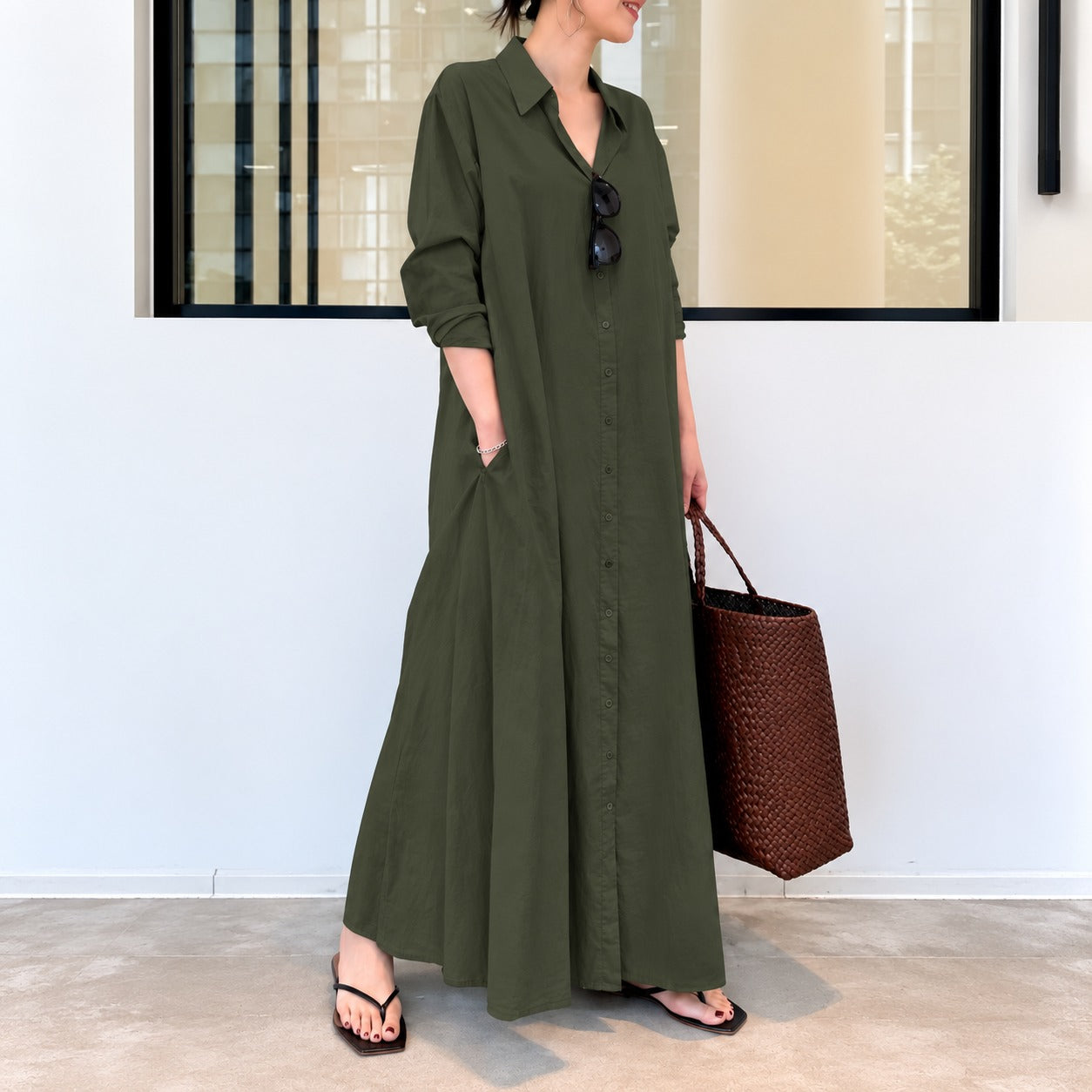 Vestido Débora™ em Linho de Algodão com Gola de Camisa, Botões Frontais e Modelagem Ampla
