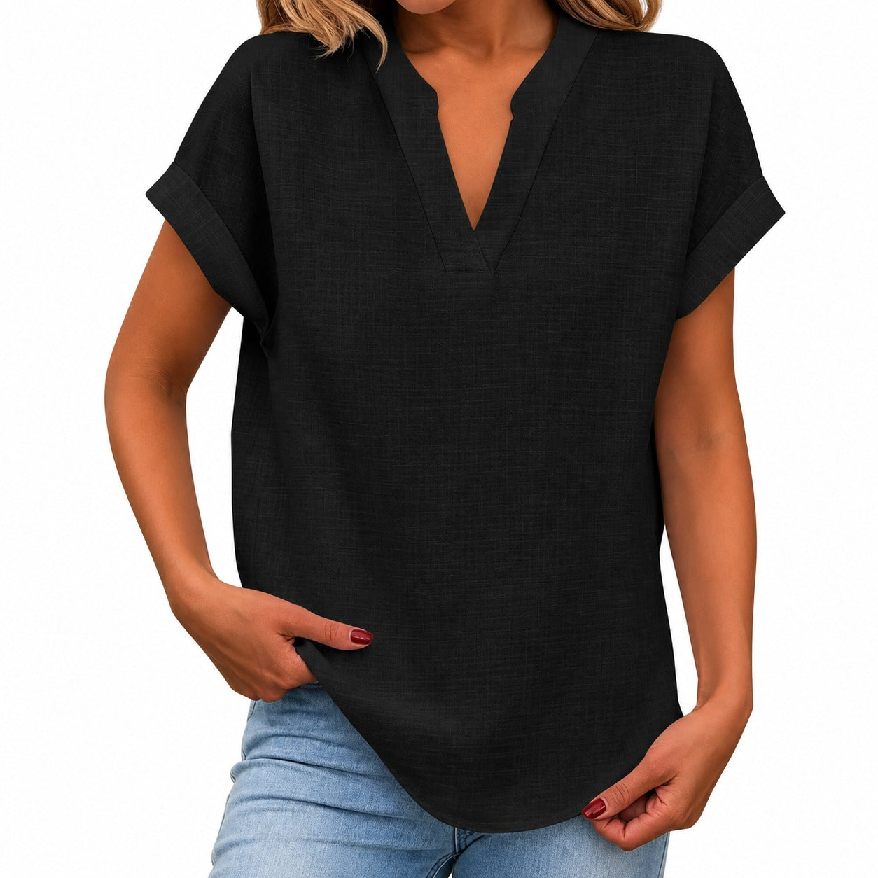 Blusa Maíra™ com Mangas Curtas Dobradas e Barra Arredondada / Uma escolha prática para dias quentes, passeios e viagens