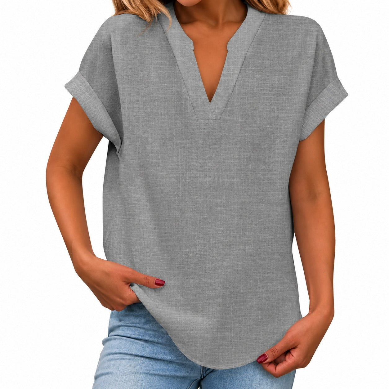 Blusa Maíra™ com Mangas Curtas Dobradas e Barra Arredondada / Uma escolha prática para dias quentes, passeios e viagens