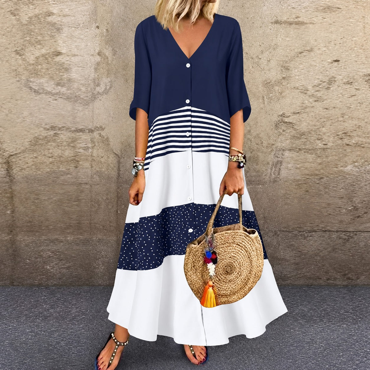 Vestido Lavinia™ com Estampa em Blocos Contrastantes e Botões Frontais