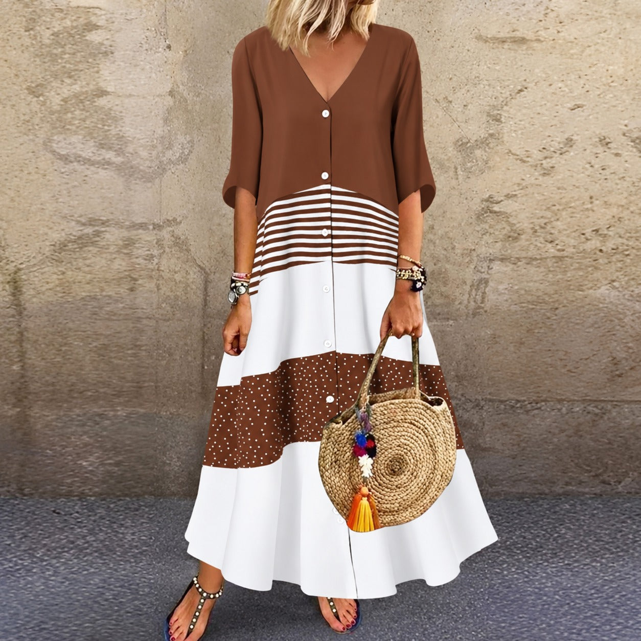 Vestido Lavinia™ com Estampa em Blocos Contrastantes e Botões Frontais