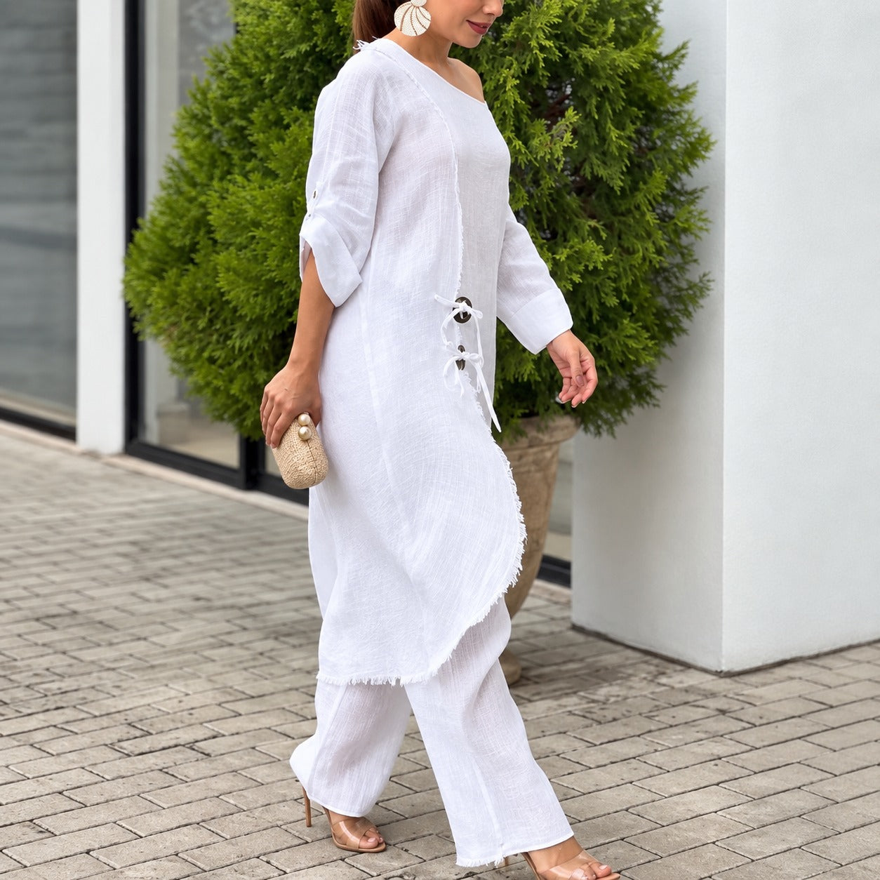 Conjunto Gaeta™ com Blusa de Amarração Lateral e Calça de Modelagem Ampla