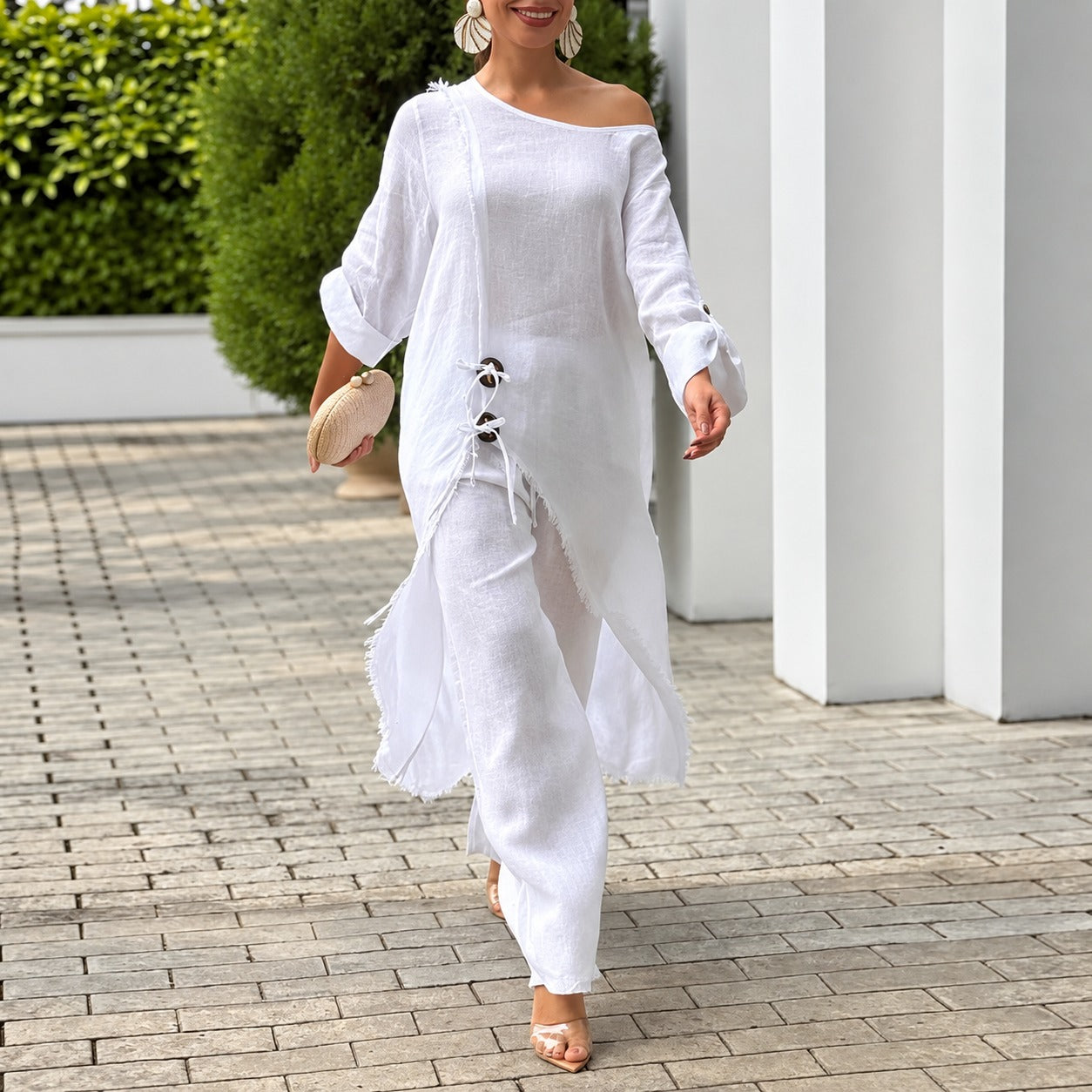 Conjunto Gaeta™ com Blusa de Amarração Lateral e Calça de Modelagem Ampla
