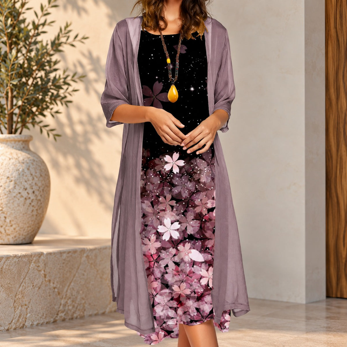 Conjunto Meliora™ com Vestido Floral e Cardigã Longo Translúcido / A Sobreposição Acompanha o Movimento com Leveza e Elegância.