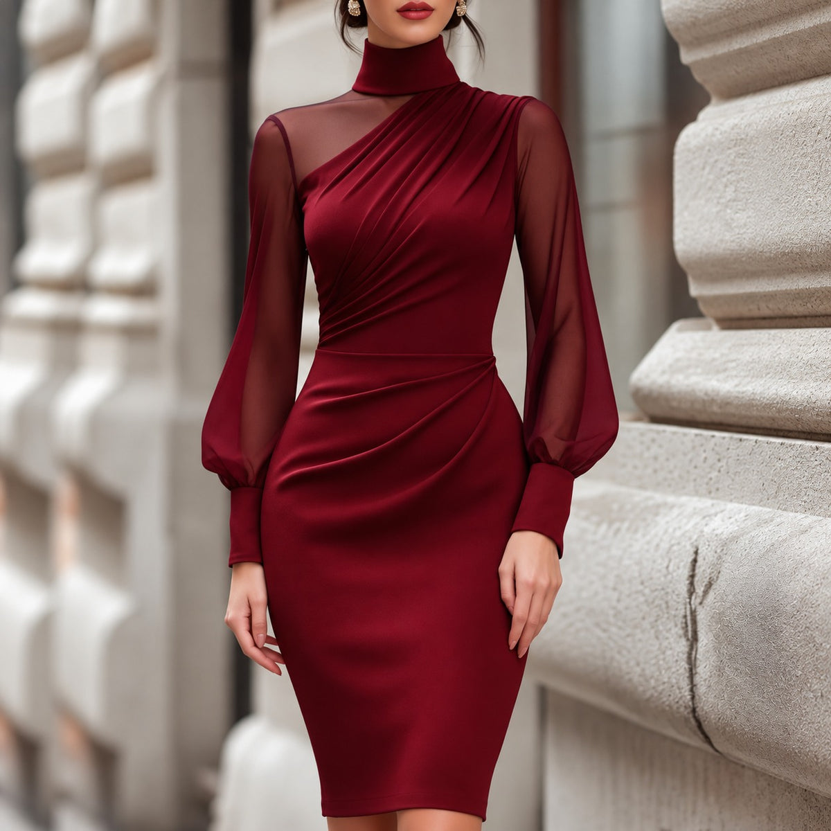 Vestido Celeste™ com Drapeado Assimétrico, Gola Alta e Mangas Transparentes / Contrastes Delicados que Refinam a Composição