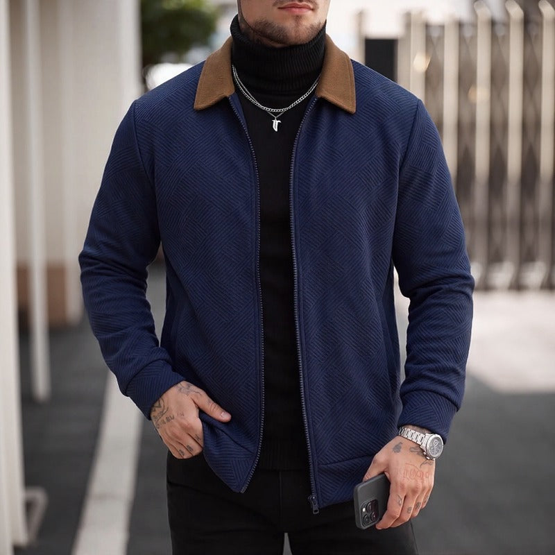Jaqueta Alaric™ com Tecido Texturizado em Chevron e Gola Contrastante / Presença Masculina com Um Acabamento Que Foge do Básico