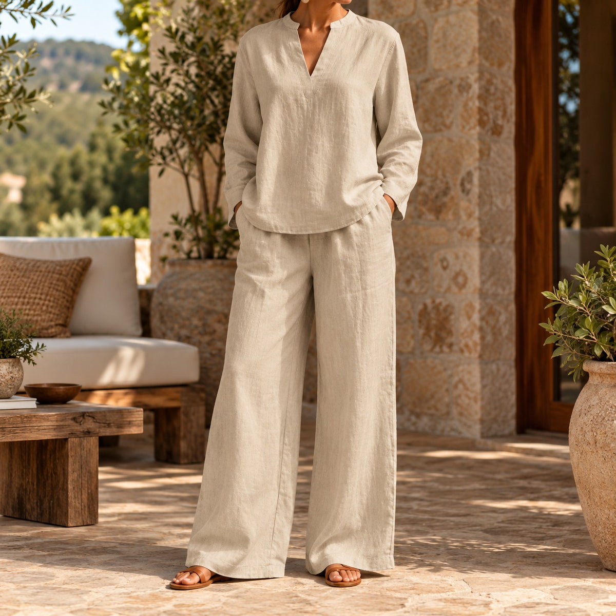 Conjunto Arezia™ com Blusa de Manga Longa e Calça Pantalona Ampla / Um Look Inteiro Resolvido com Leveza e Elegância