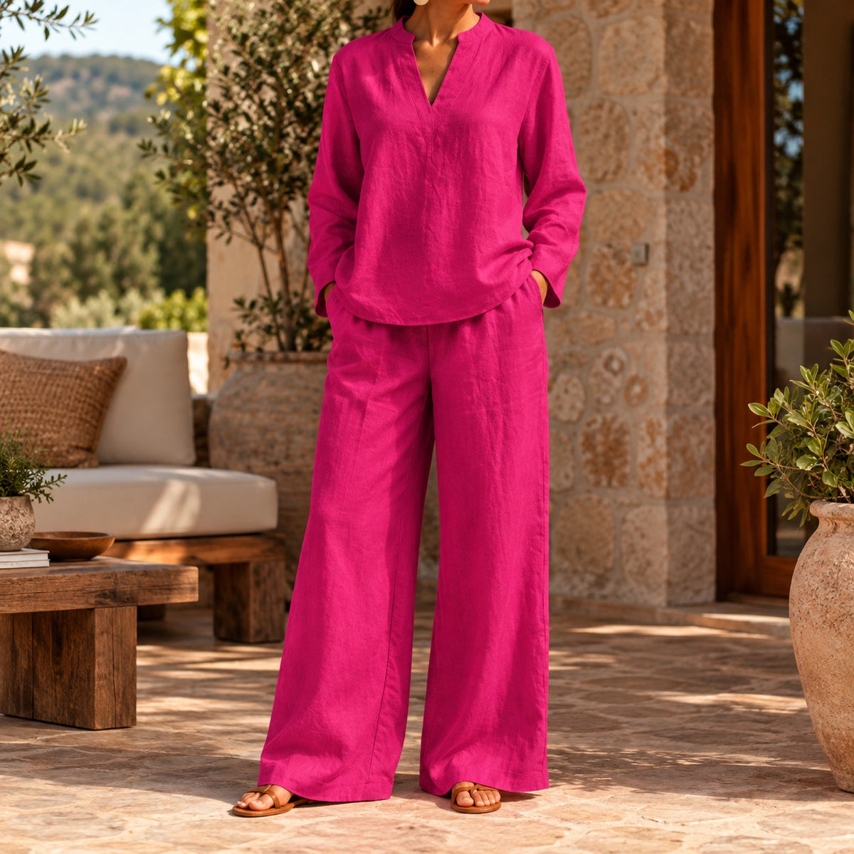 Conjunto Arezia™ com Blusa de Manga Longa e Calça Pantalona Ampla / Um Look Inteiro Resolvido com Leveza e Elegância