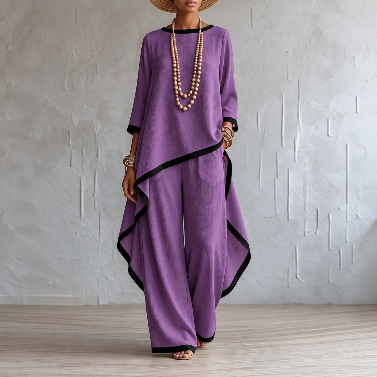 Conjunto Maroane™ com Blusa de Barra Assimétrica, Calça Pantalona e Detalhes Contrastantes