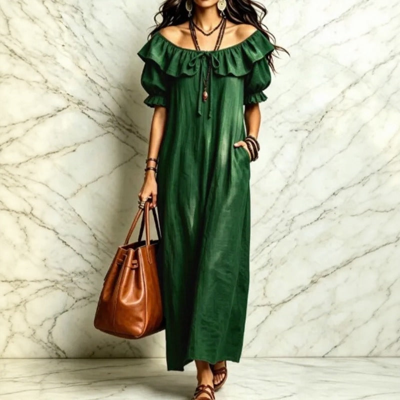 Vestido Neroli™ com Decote Ombro a Ombro, Babado Charmoso e Caimento Solto / Praticidade e Movimento Para Acompanhar o Dia com Elegância