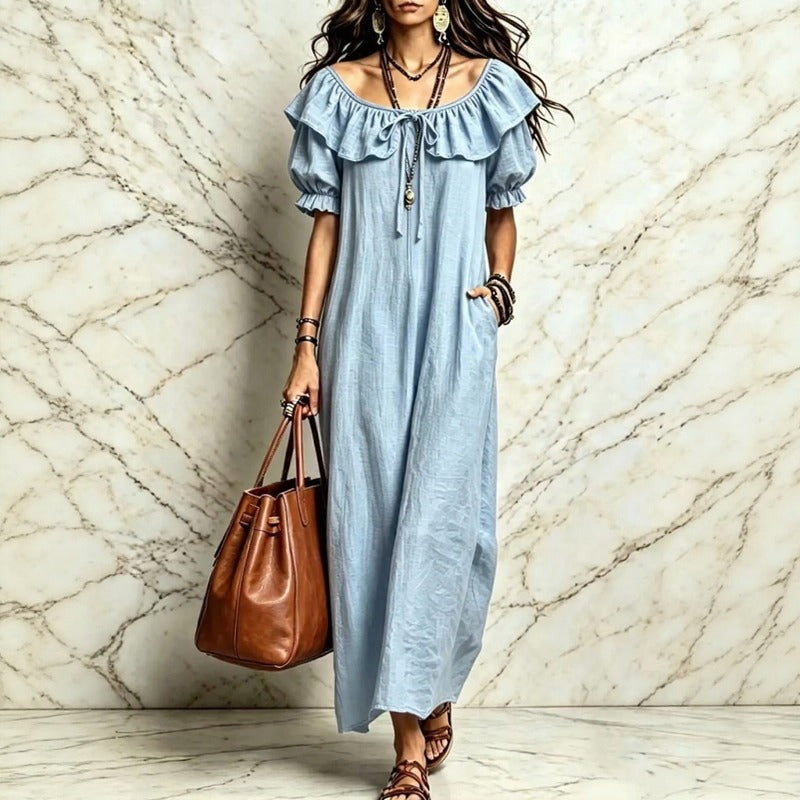 Vestido Neroli™ com Decote Ombro a Ombro, Babado Charmoso e Caimento Solto / Praticidade e Movimento Para Acompanhar o Dia com Elegância