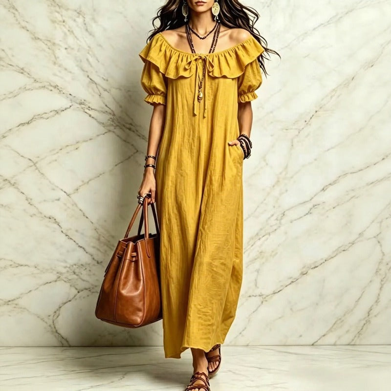 Vestido Neroli™ com Decote Ombro a Ombro, Babado Charmoso e Caimento Solto / Praticidade e Movimento Para Acompanhar o Dia com Elegância