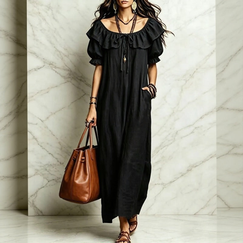 Vestido Neroli™ com Decote Ombro a Ombro, Babado Charmoso e Caimento Solto / Praticidade e Movimento Para Acompanhar o Dia com Elegância