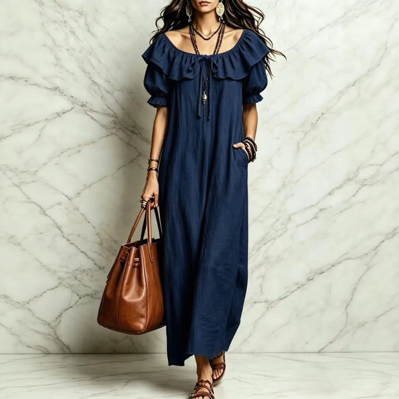 Vestido Neroli™ com Decote Ombro a Ombro, Babado Charmoso e Caimento Solto / Praticidade e Movimento Para Acompanhar o Dia com Elegância