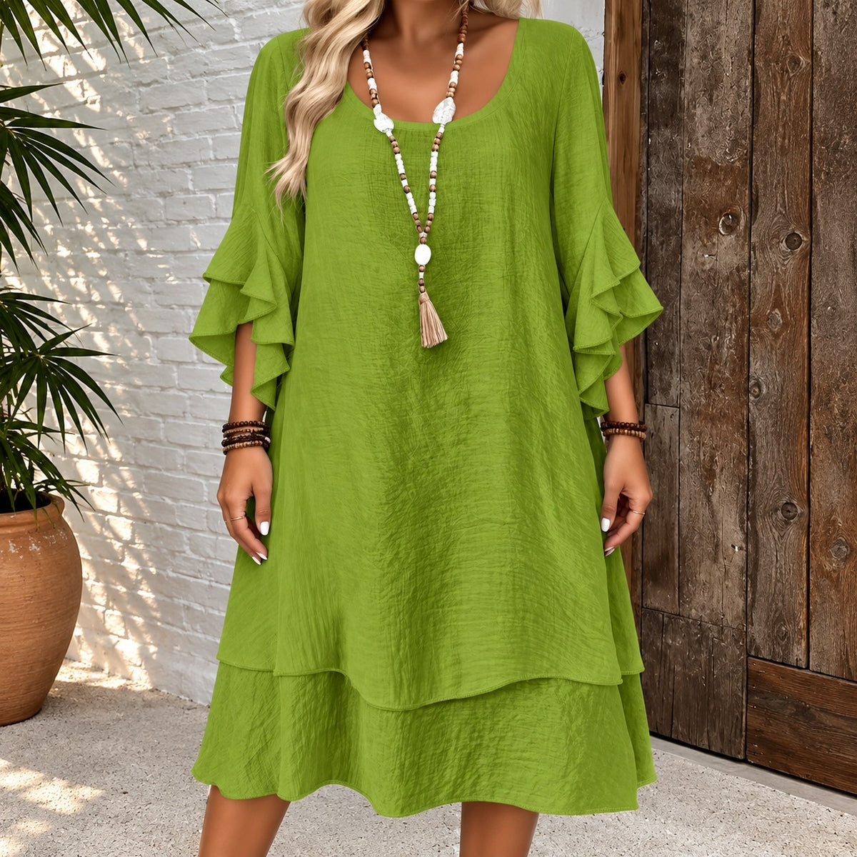 Vestido Pienza™ com Mangas em Babados e Barra em Camadas / Movimento Suave que Reforça a Leveza do Visual.