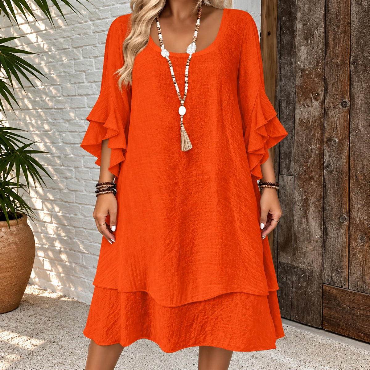 Vestido Pienza™ com Mangas em Babados e Barra em Camadas / Movimento Suave que Reforça a Leveza do Visual.