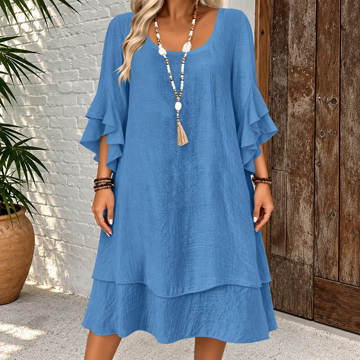 Vestido Pienza™ com Mangas em Babados e Barra em Camadas / Movimento Suave que Reforça a Leveza do Visual.