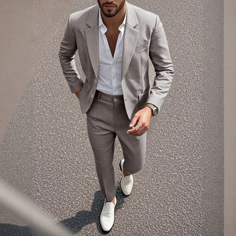 Terno Casual Montieri™ com Blazer de Lapela Clássica e Calça de Alfaiataria Reta / Uma Presença Masculina Mais Refinada sem Exagerar no Formal