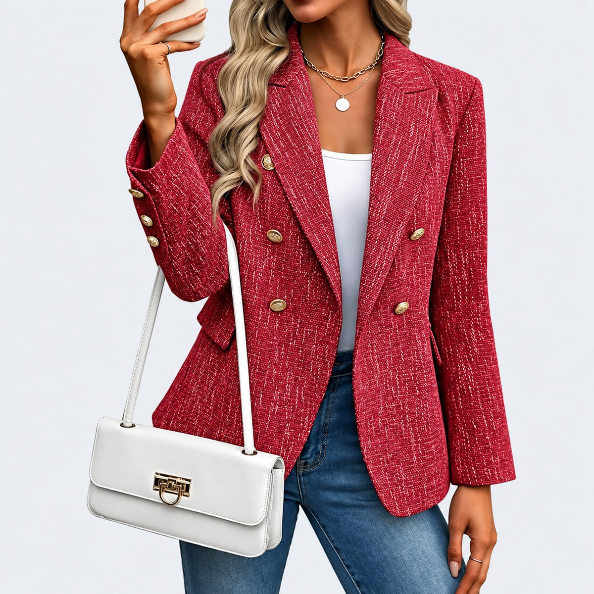 Blazer Betina™ de Alfaiataria com Lapelas Clássicas e Abotoamento Duplo