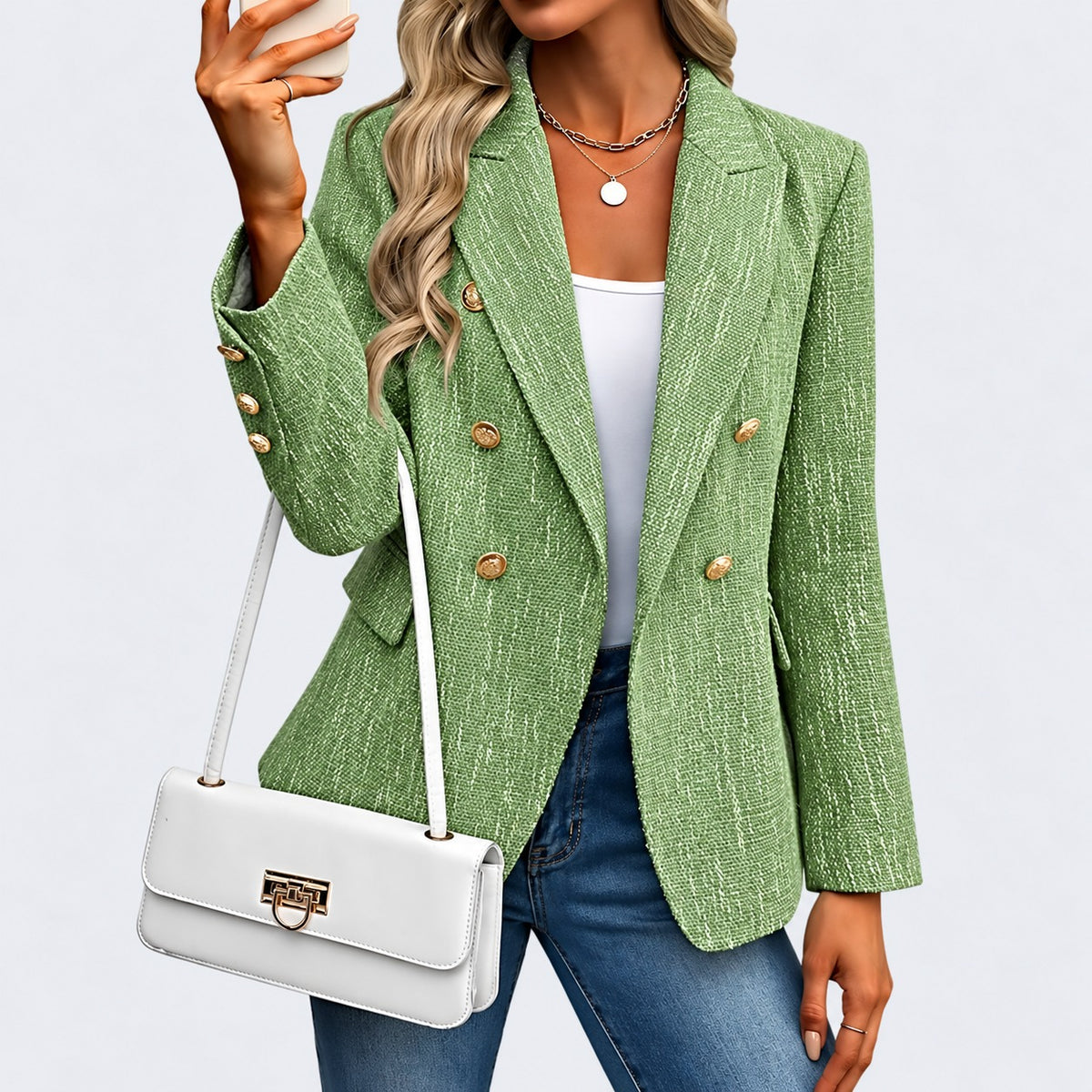 Blazer Betina™ de Alfaiataria com Lapelas Clássicas e Abotoamento Duplo