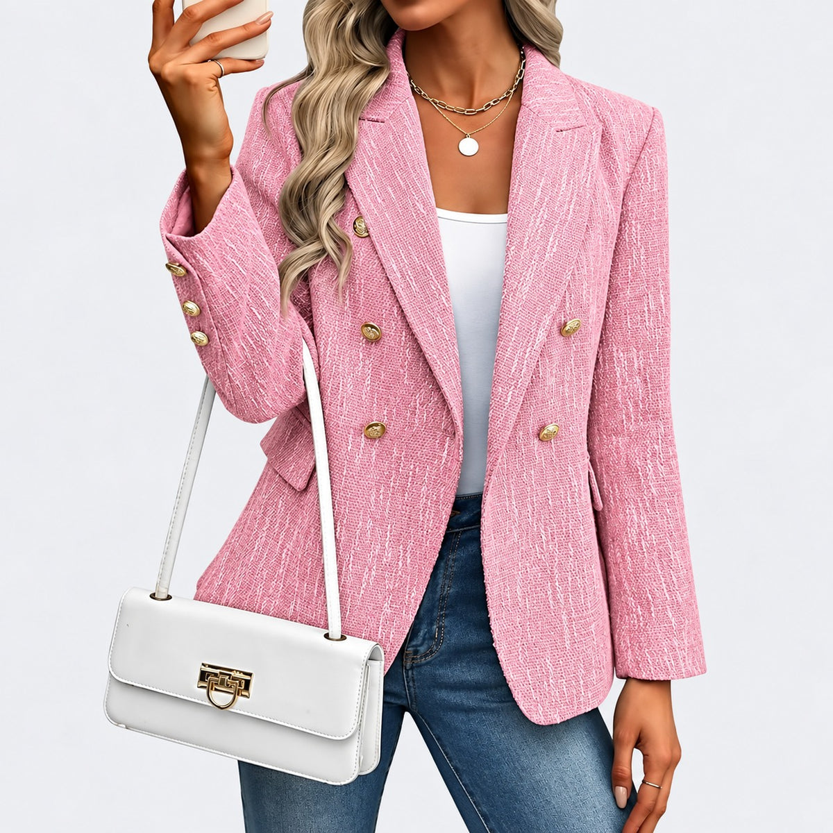 Blazer Betina™ de Alfaiataria com Lapelas Clássicas e Abotoamento Duplo
