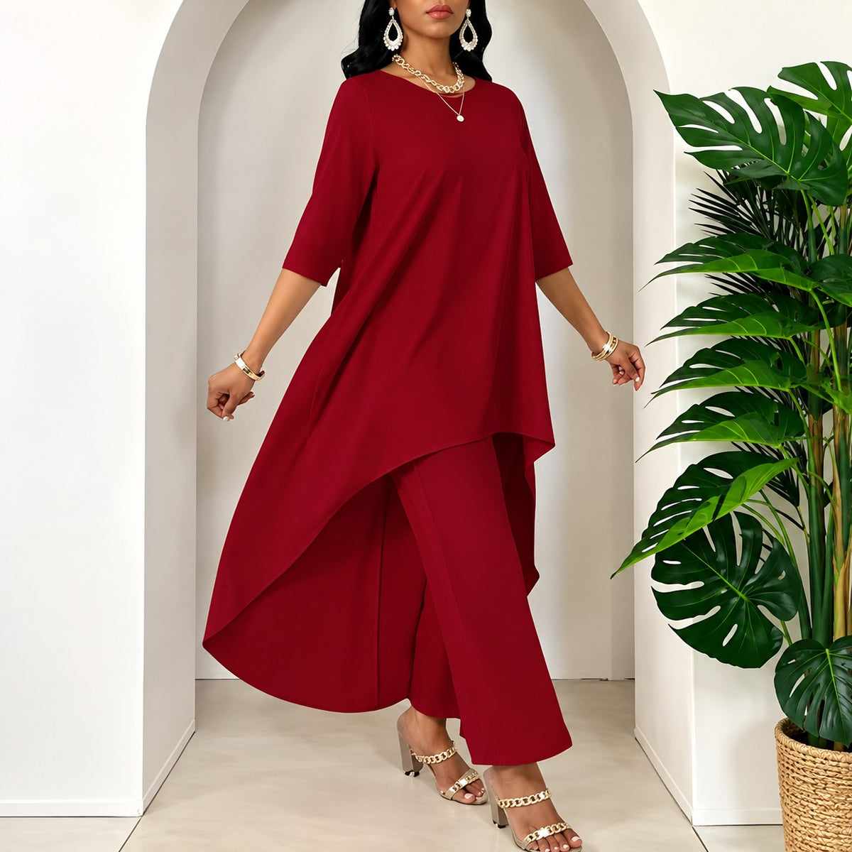 Conjunto Amanda™ com Blusa Alongada Assimétrica e Calça Pantalona