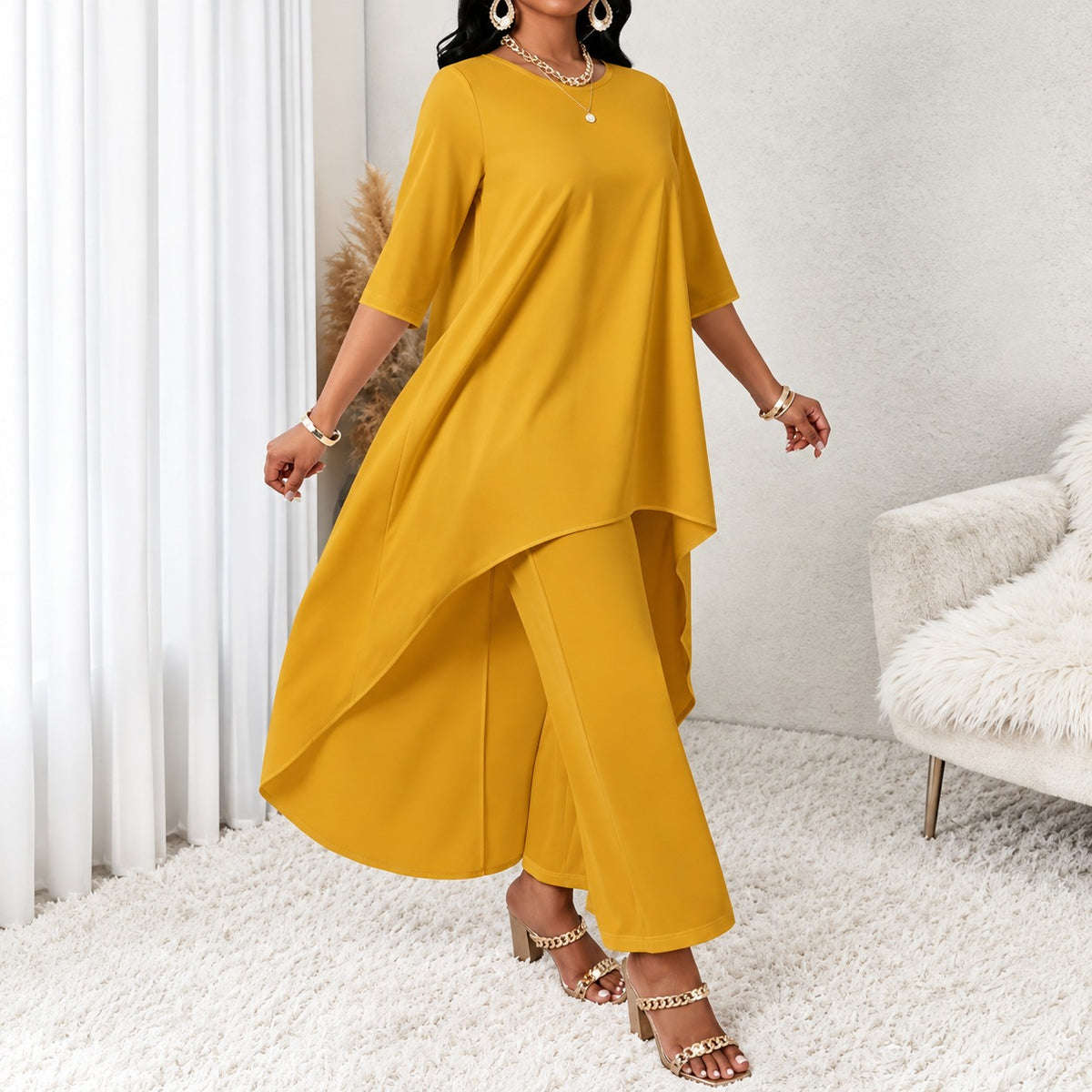 Conjunto Amanda™ com Blusa Alongada Assimétrica e Calça Pantalona