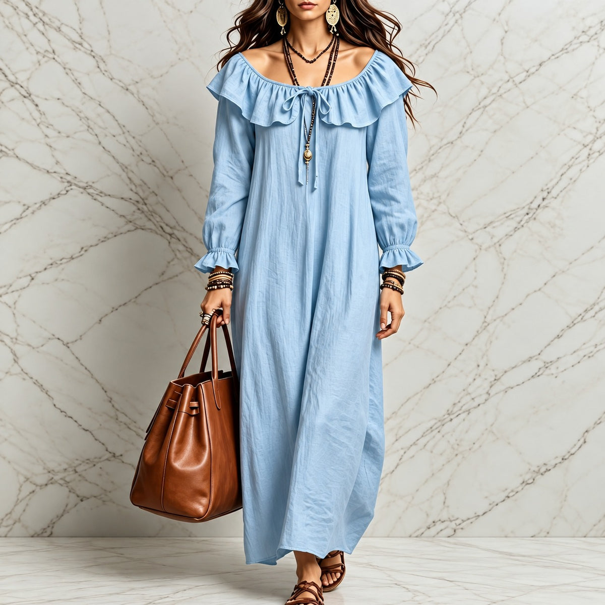 Vestido Ludovica™ com Babado no Decote, Punhos Franzidos e Modelagem Ampla