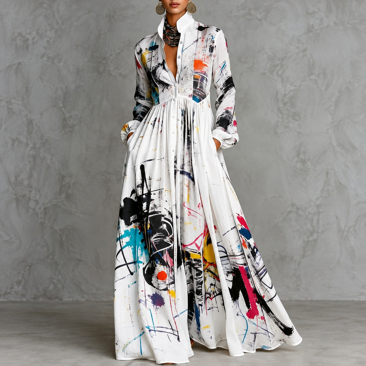 Vestido Tarsila™ com Estampa Abstrata Artística, Cintura Marcada e Saia Evasê