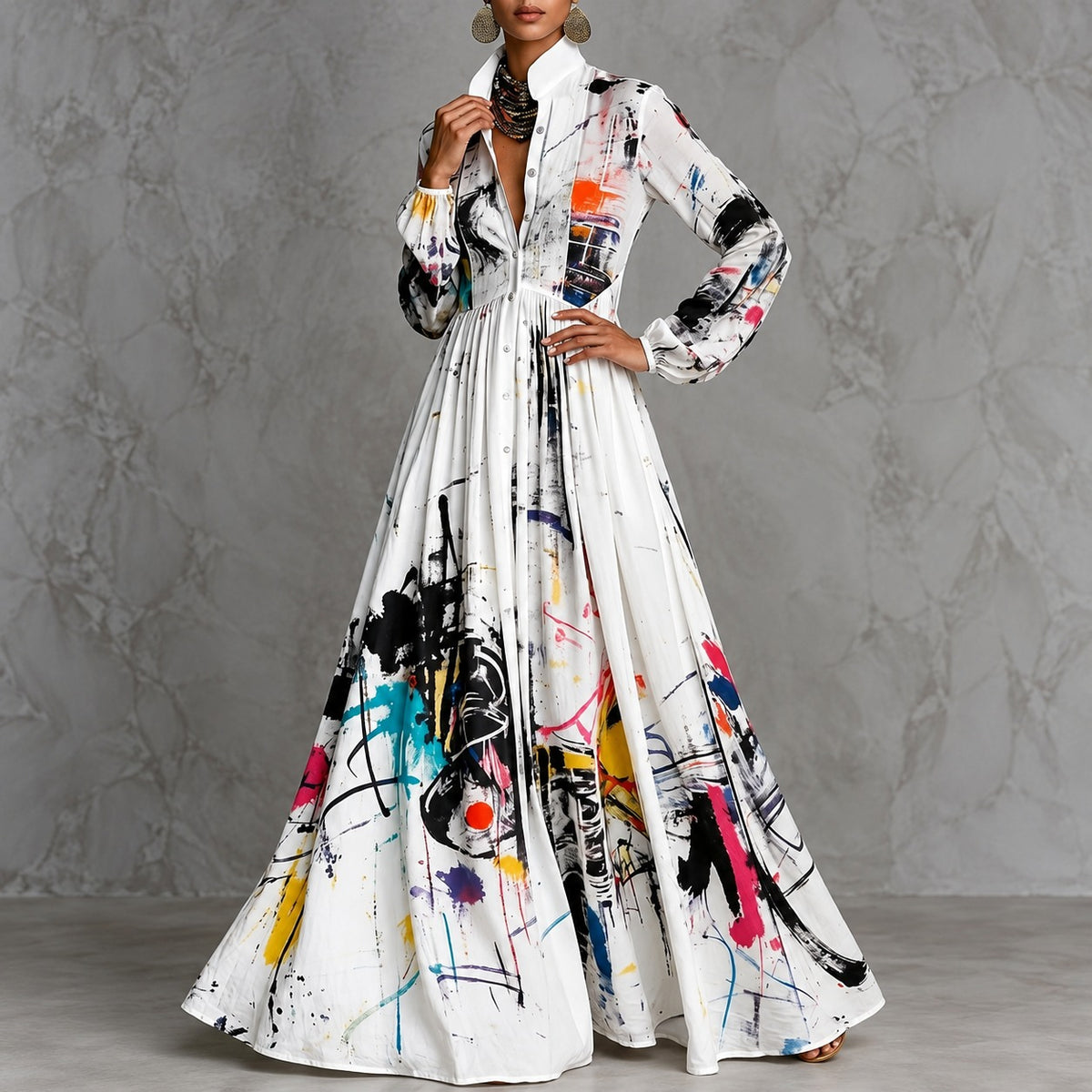 Vestido Tarsila™ com Estampa Abstrata Artística, Cintura Marcada e Saia Evasê