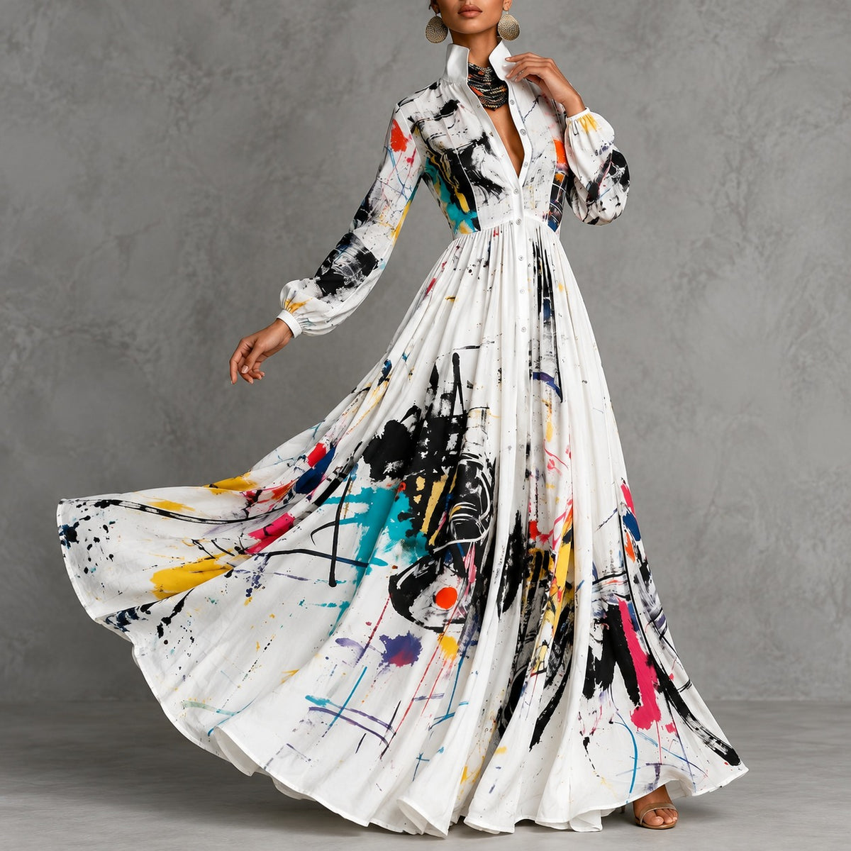 Vestido Tarsila™ com Estampa Abstrata Artística, Cintura Marcada e Saia Evasê