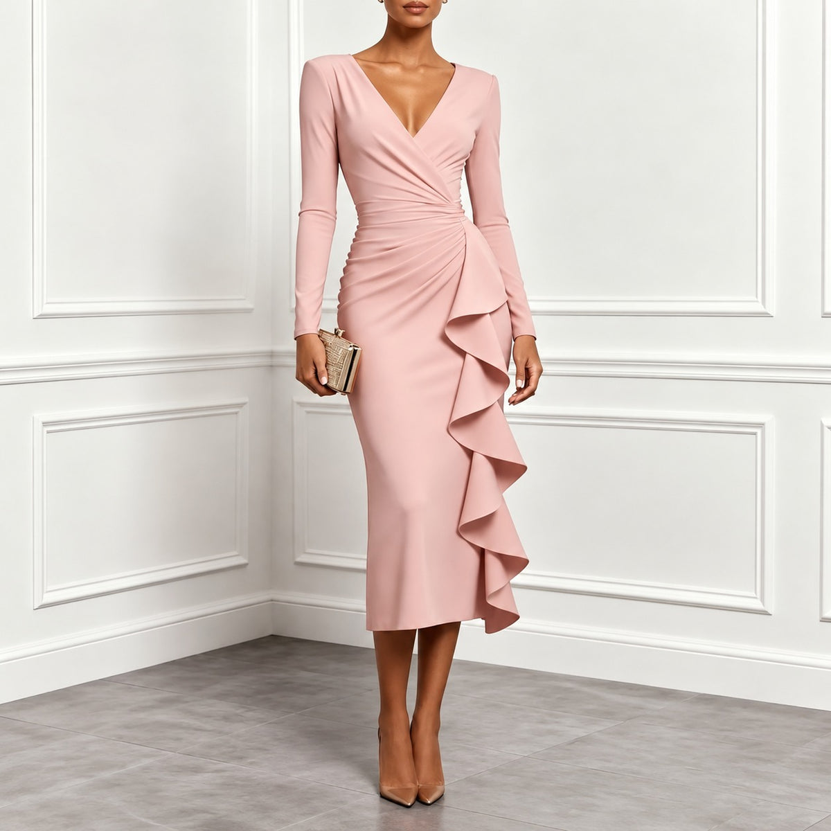 Vestido Midi Gianna™ com Decote V Transpassado, Cintura Drapeada e Babado Cascata