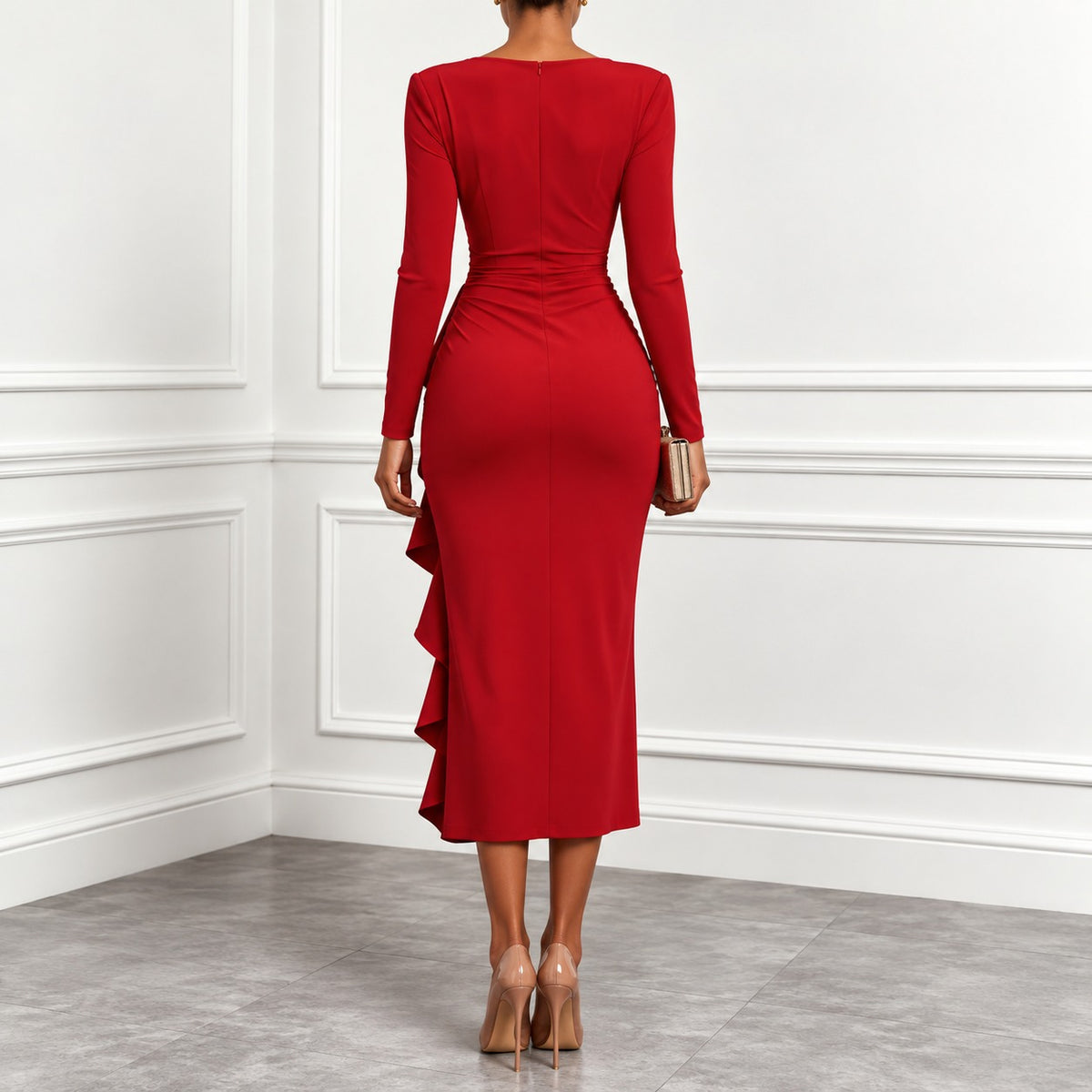 Vestido Midi Gianna™ com Decote V Transpassado, Cintura Drapeada e Babado Cascata