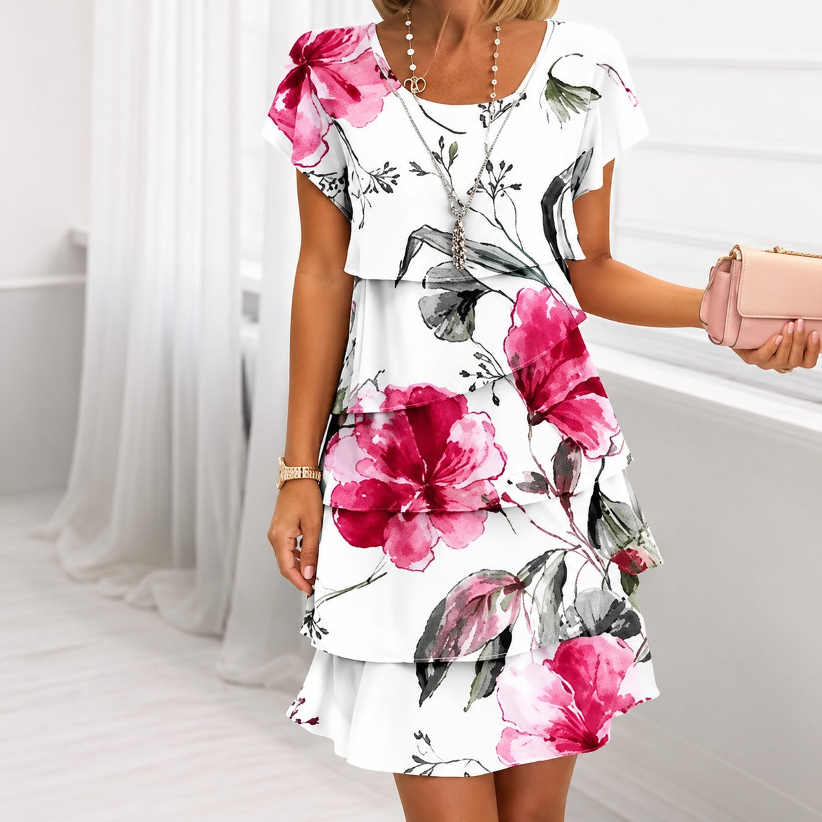 Vestido Maristella™ com Modelagem em Camadas, Mangas Curtas e Decote Redondo