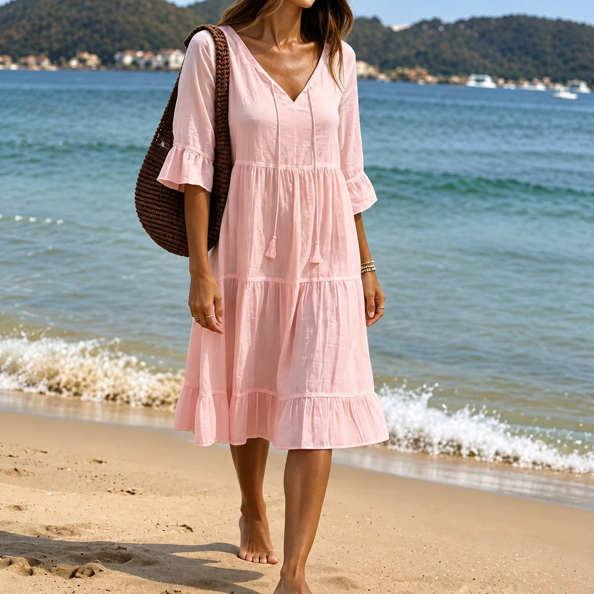 Vestido Gabrielle™ com Decote V, Saia em Camadas e Mangas com Babados