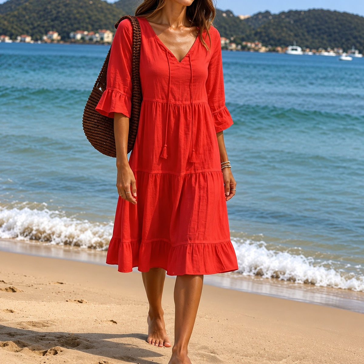 Vestido Gabrielle™ com Decote V, Saia em Camadas e Mangas com Babados
