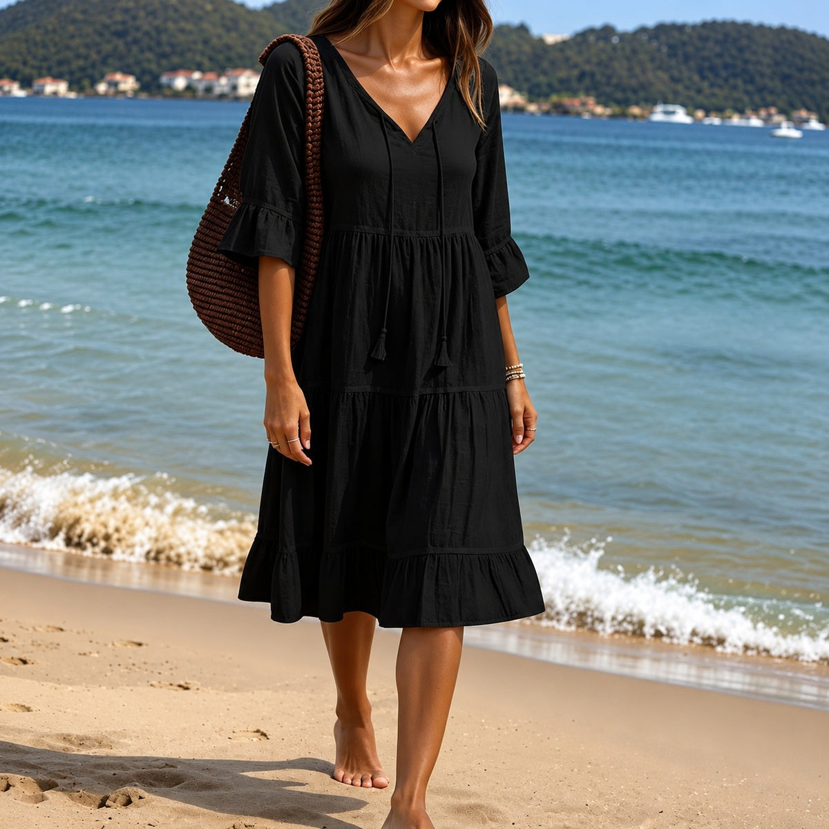 Vestido Gabrielle™ com Decote V, Saia em Camadas e Mangas com Babados