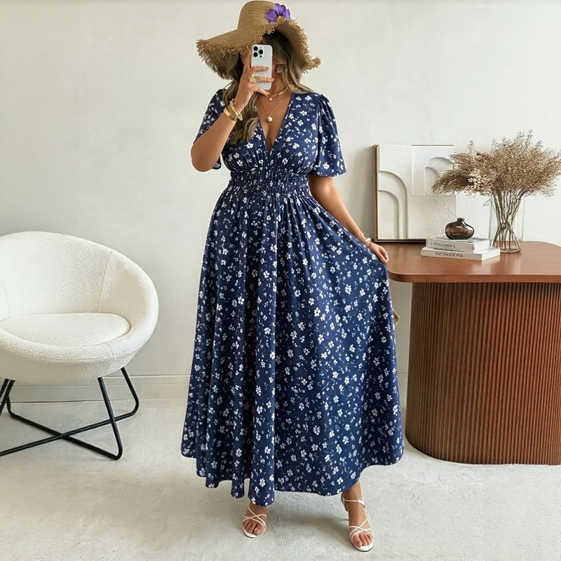 Vestido Loretina™ com Estampa Floral Charmosa, Cintura Marcada e Mangas Curtas Soltinhas / O Charme Romântico em Uma Silhueta Delicada e Feminina