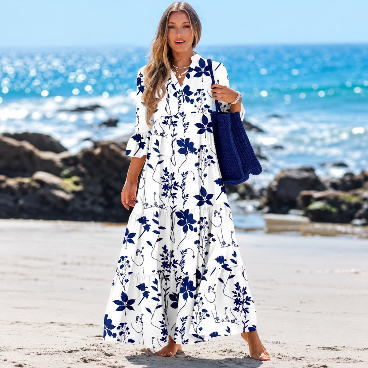 Vestido Liana™ com Estampa Floral, Mangas 3/4 e Saia Longa Franzida