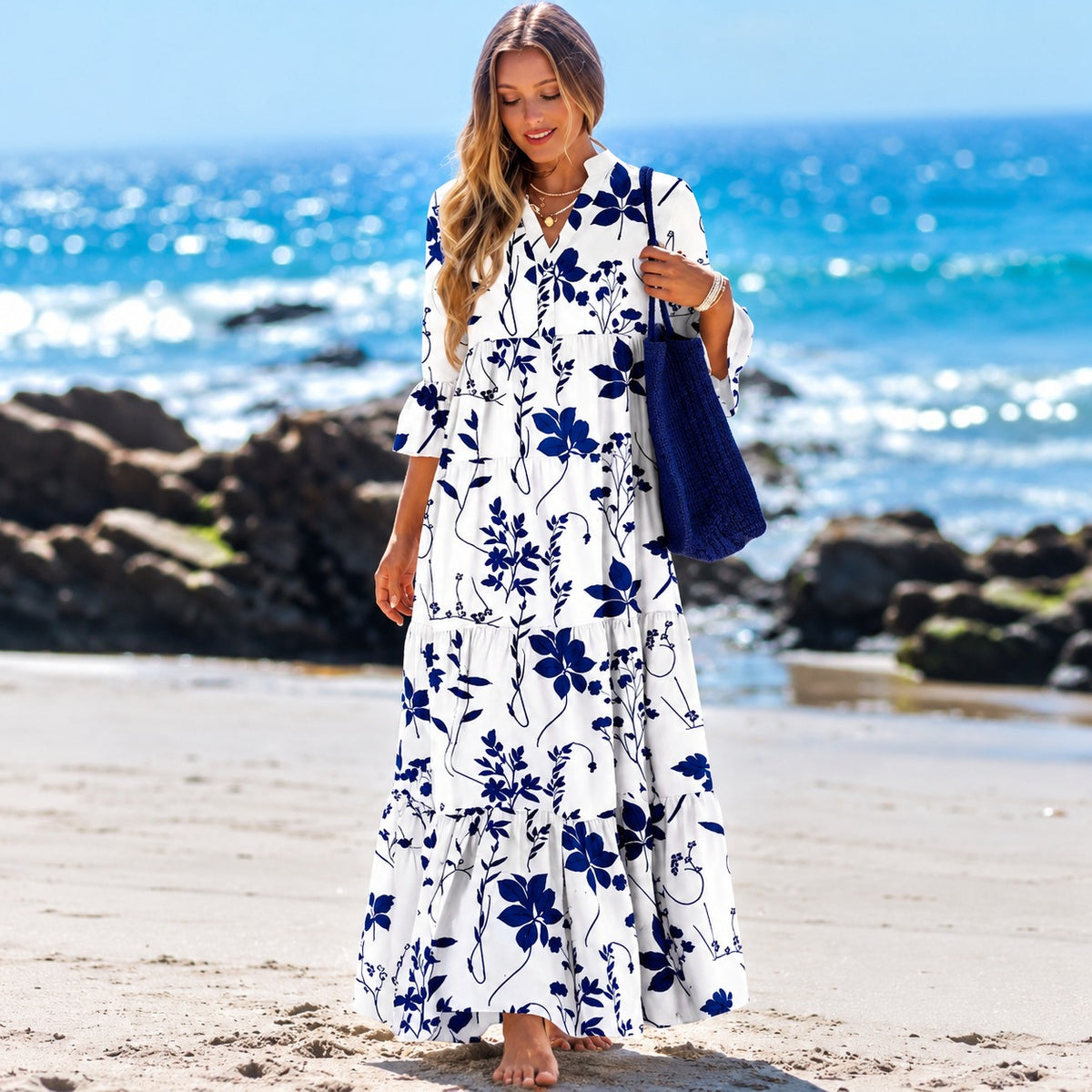Vestido Liana™ com Estampa Floral, Mangas 3/4 e Saia Longa Franzida