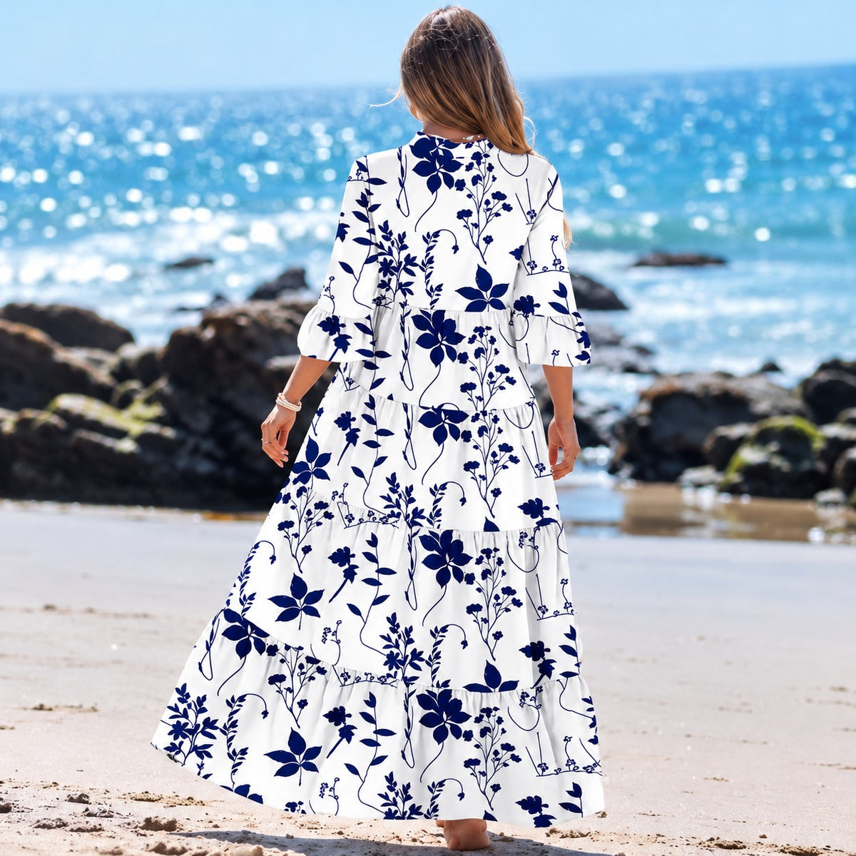 Vestido Liana™ com Estampa Floral, Mangas 3/4 e Saia Longa Franzida