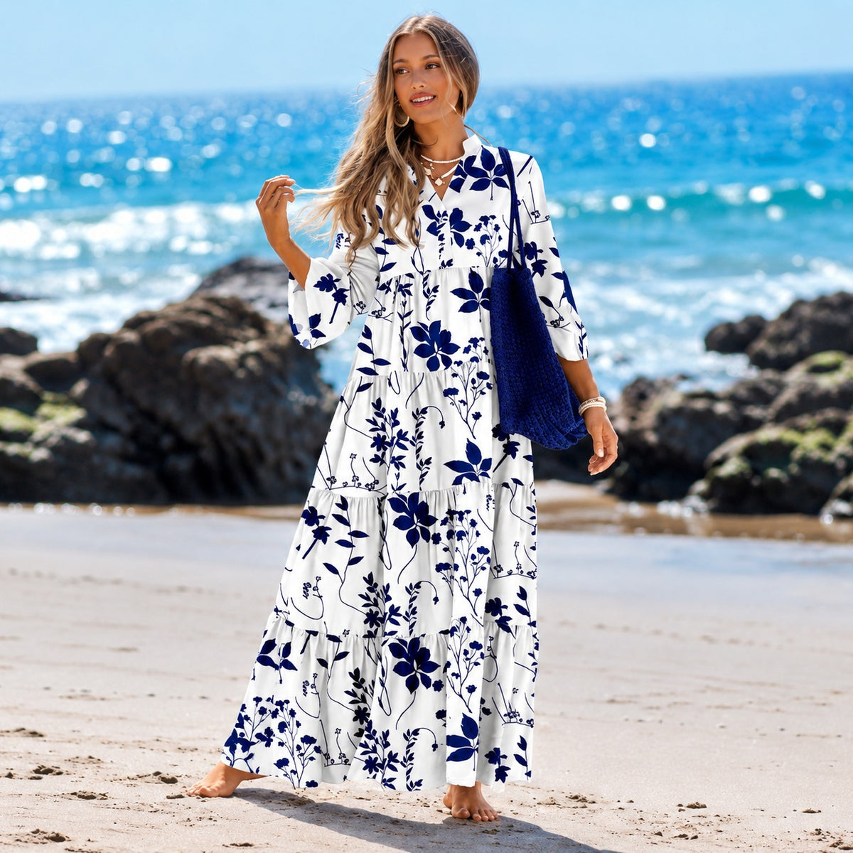 Vestido Liana™ com Estampa Floral, Mangas 3/4 e Saia Longa Franzida
